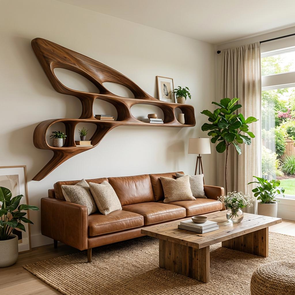 Organic Wooden Wall Bookshelf, Handcrafted Floating Wood Shelf Unit for Luxury Living Room & Office Interior
