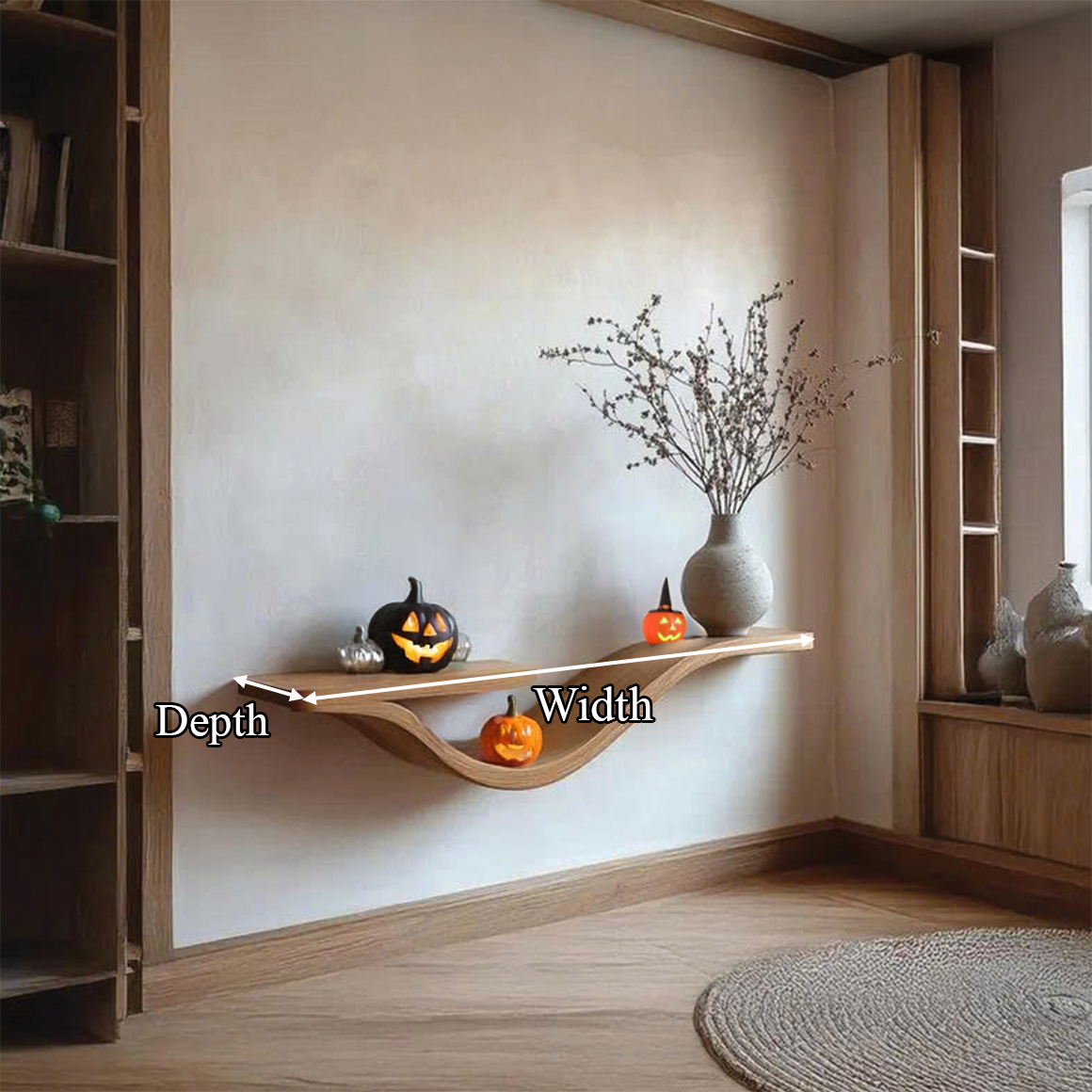 Mid-Century Curved Floating Shelf, Rustic Wooden Branch Wall Shelf, Spooky Gothic Bedroom Wall Decor Organizer