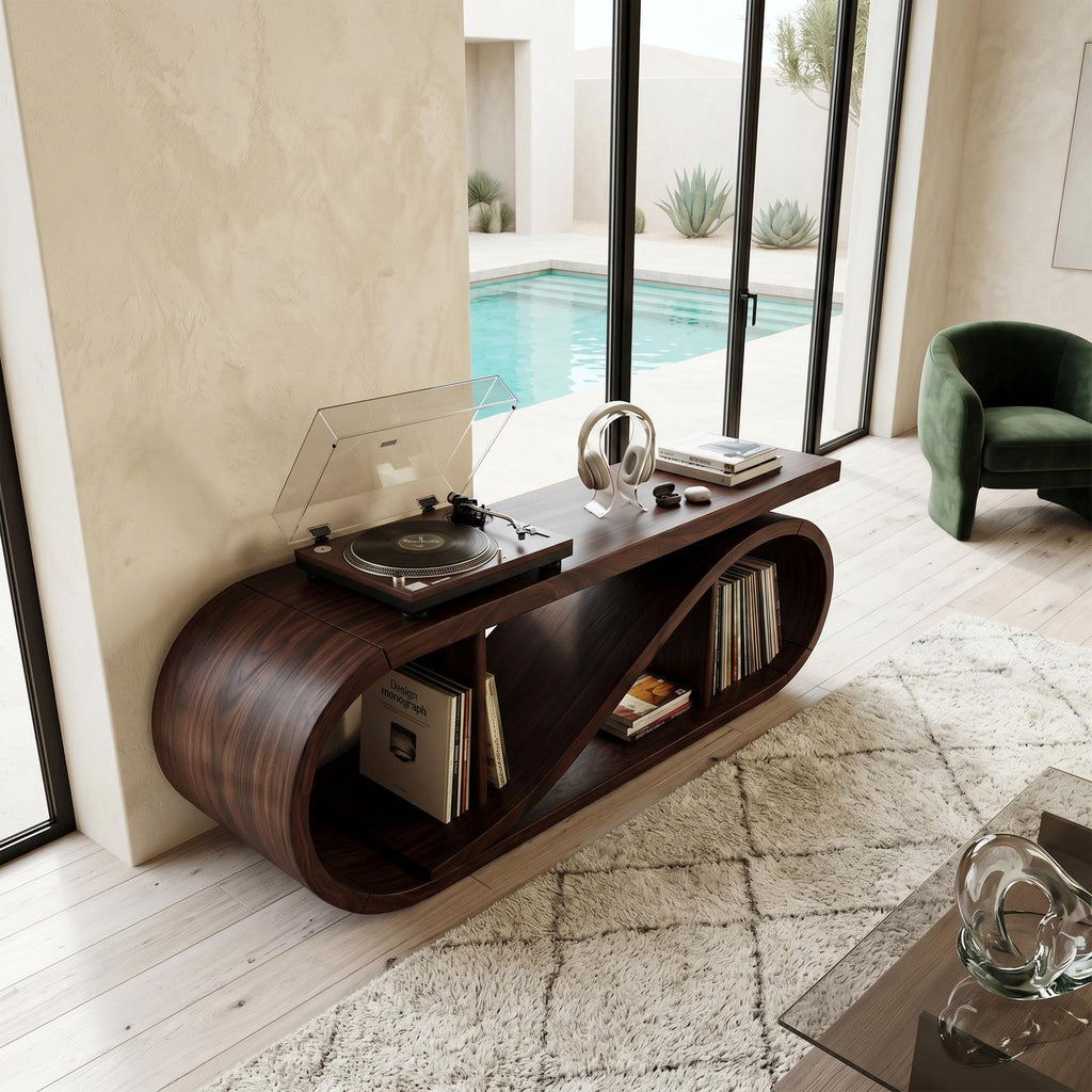 Spry Interior Coastal Wave Wood Record Storage Cabinet, Handcrafted Driftwood Style Turntable Stand with LP Shelves, Model SILDTTRRPT042