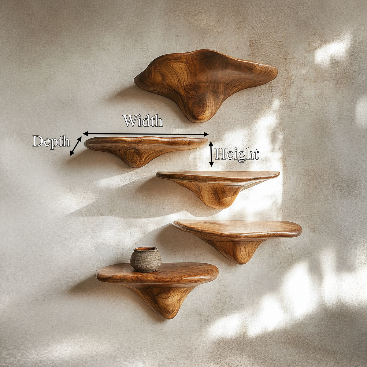 Sculptural Mushroom Wall Shelf, Whimsical Wooden Floating Shelf for Plant Display in Kitchen, Living Room & Bedroom