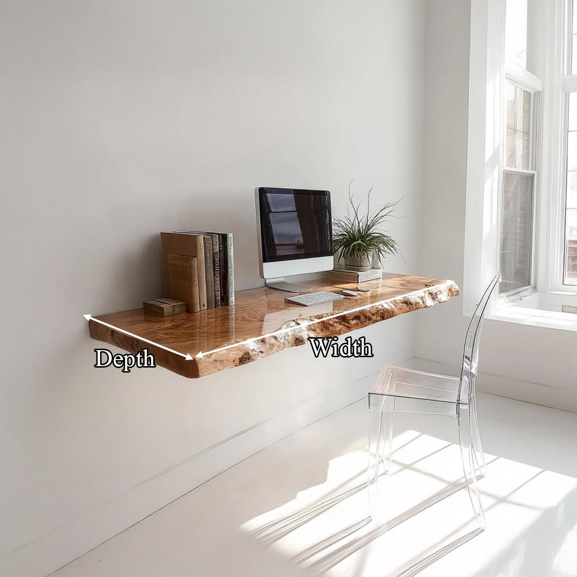 Rustic Live Edge Wall Mounted Wood Desk, Space Saving Floating Laptop Workbench for Home Office, Bedroom, Living Room