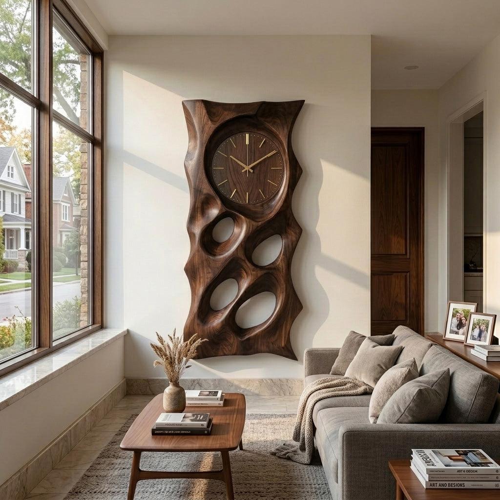 Modern Organic Wooden Wall Clock, 3D Hand-Carved Hollow Wood Hanging Clock for Living Room & Home Office Decor