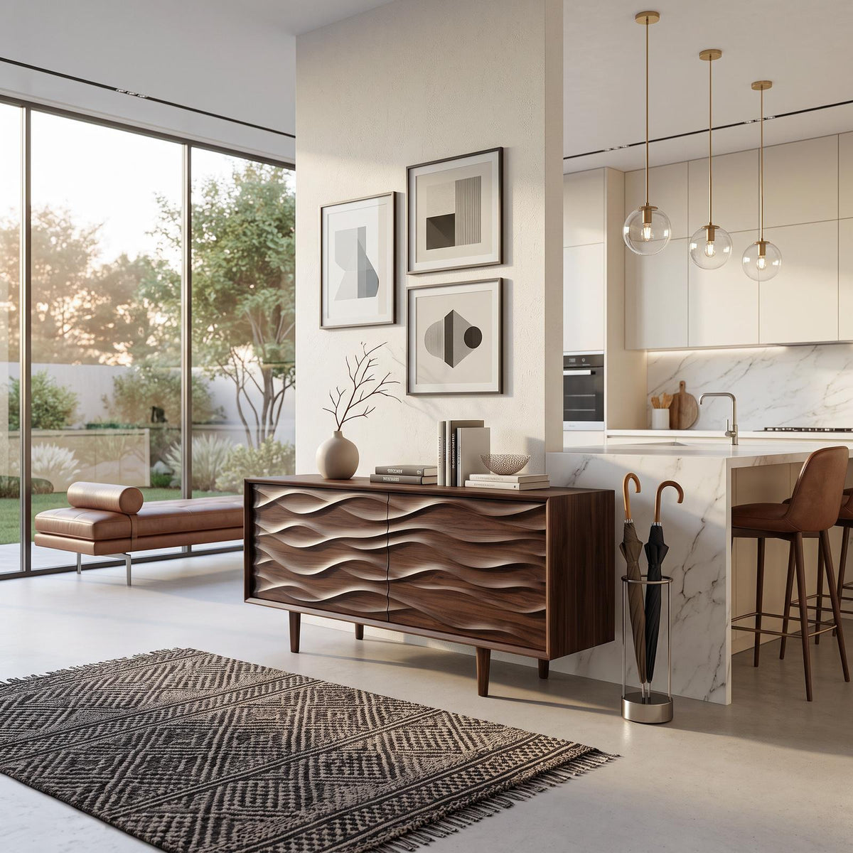 Contemporary Sideboard with Carved Wave Front Panels, Handcrafted Solid Wood Credenza Buffet Cabinet for Home, Model