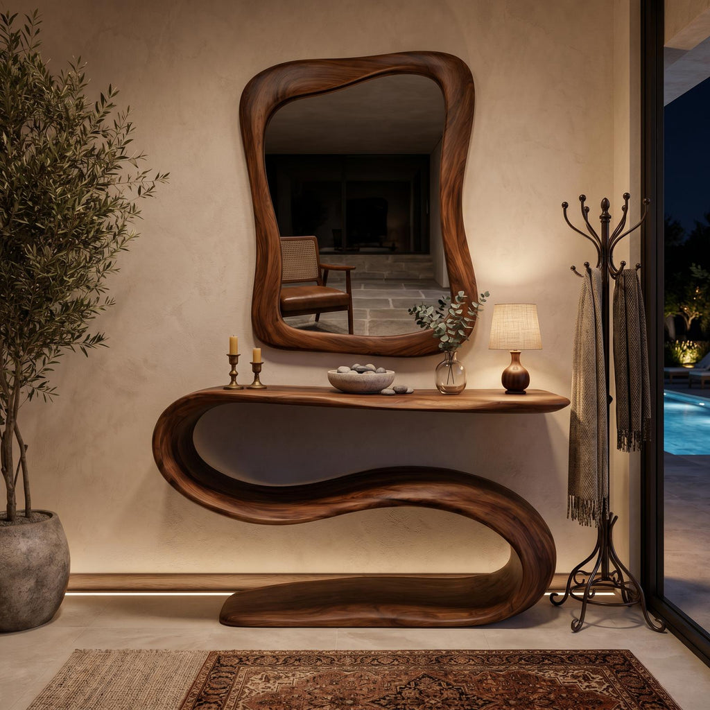Organic Wooden Console Table With Sculptural Undulating Base For Living