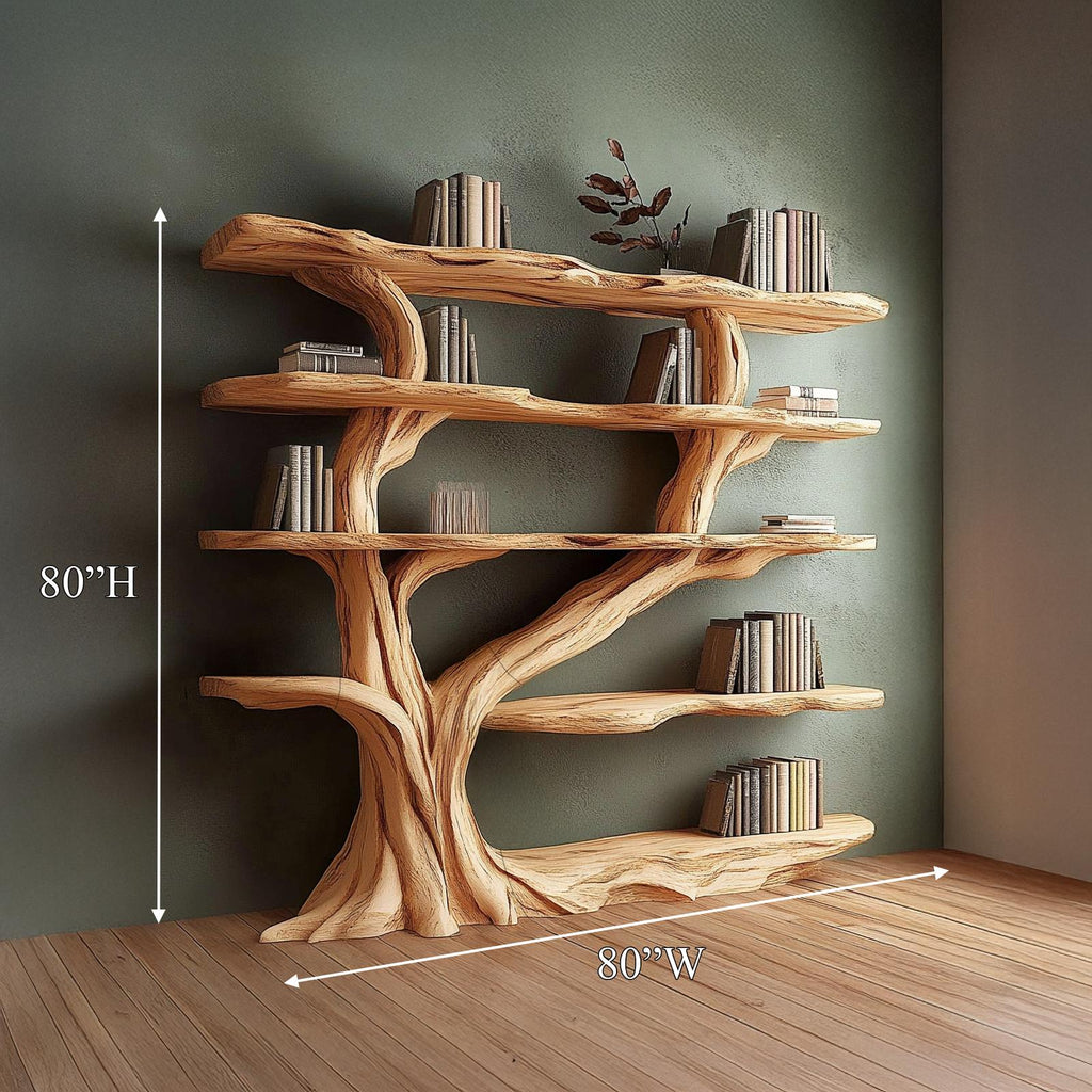 Rustic Organic Tree Bookshelf, Solid Wood Handcrafted Floating Branch Bookcase Storage for Living Room Wall Art