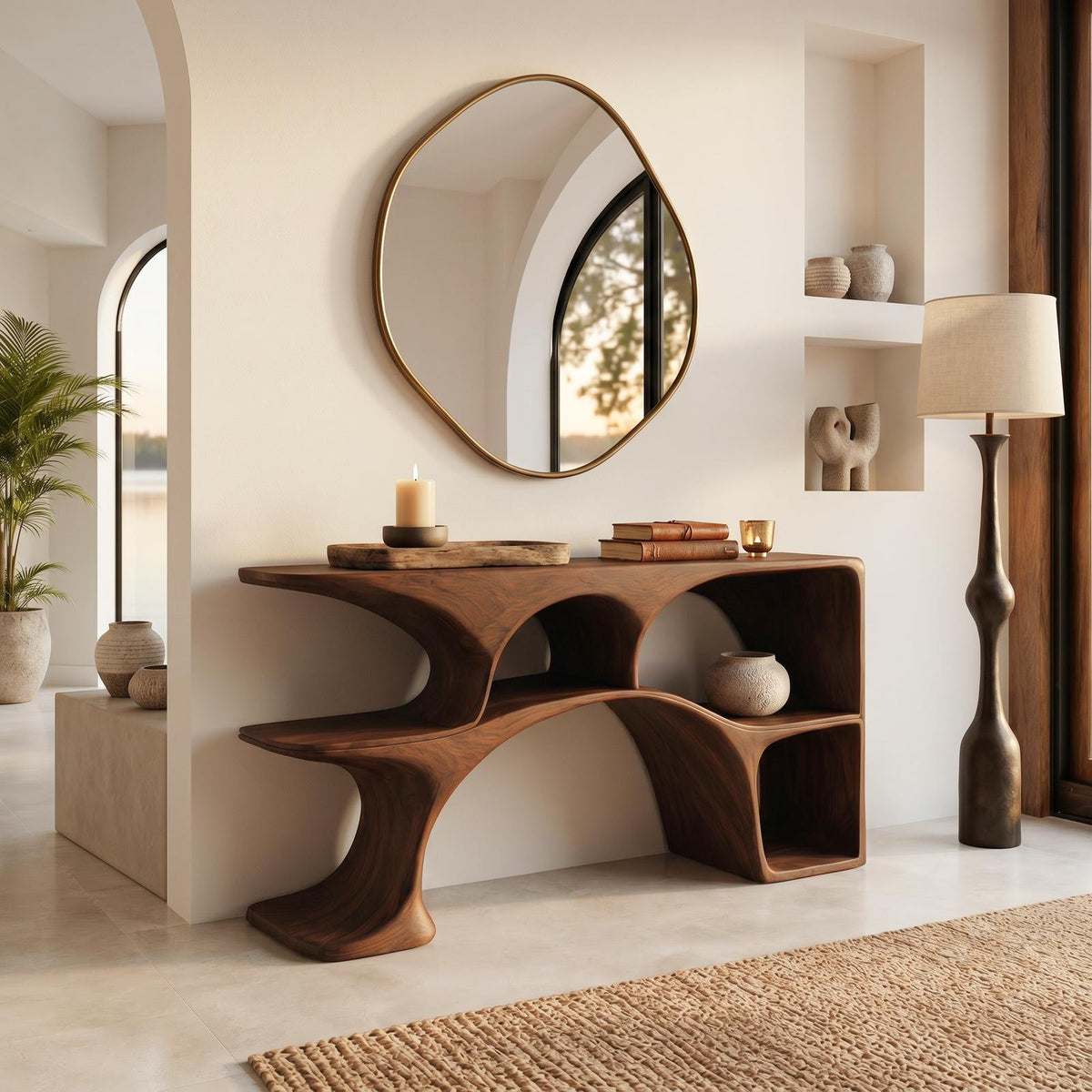 Modern Wooden Console Table With Sculptural Open Shelves For Living