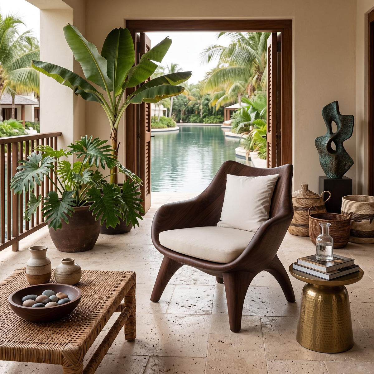 Modern Sculptural Lounge Chair, Handcrafted Wood Accent Armchair with Artistic Curved Frame for Living Room