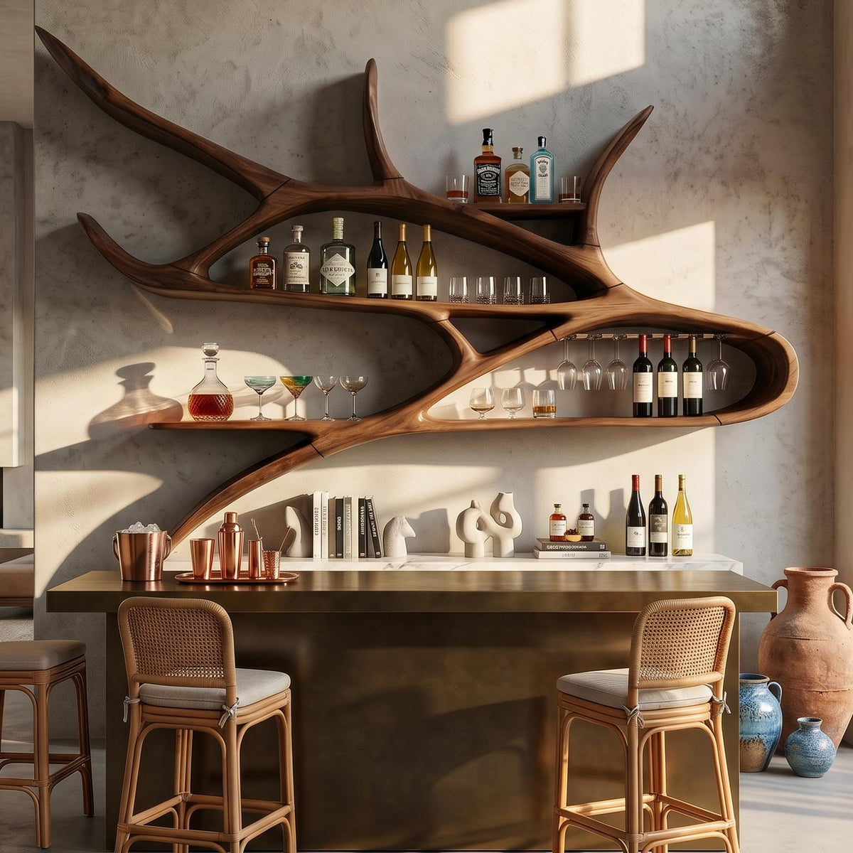 Modern Wall Mounted Wine Rack, Floating Solid Wood Bottle Holder & Storage Showcase for Studio Apartment & Bar