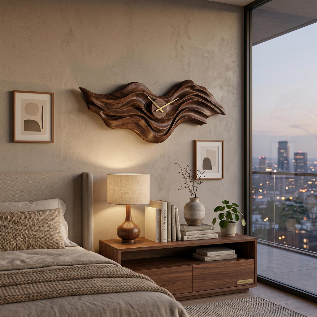 Organic Wood Wall Clock With Wave Sculpture For Living Interior