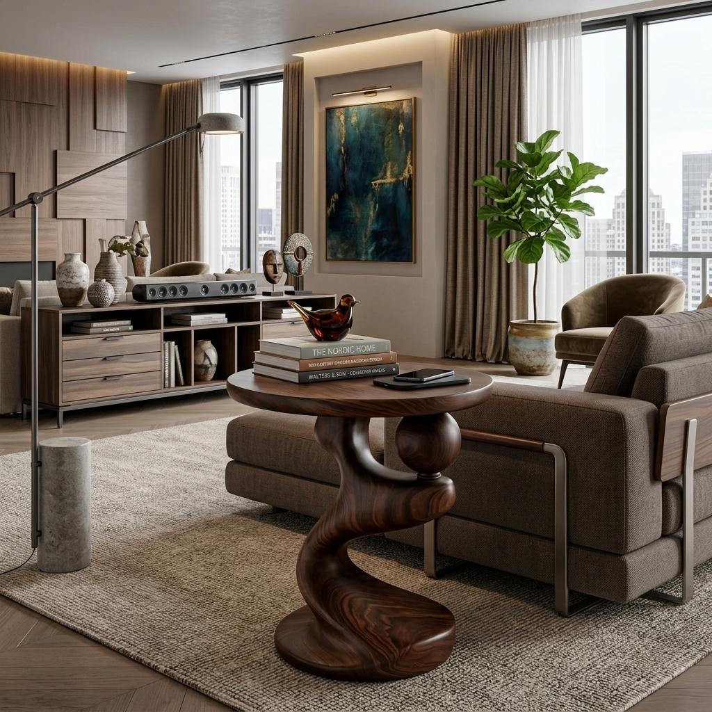 Modern Sculpted Wood Side Table, Artistic Curved Base Solid Wood End Table & Nightstand for Living Room, Bedroom