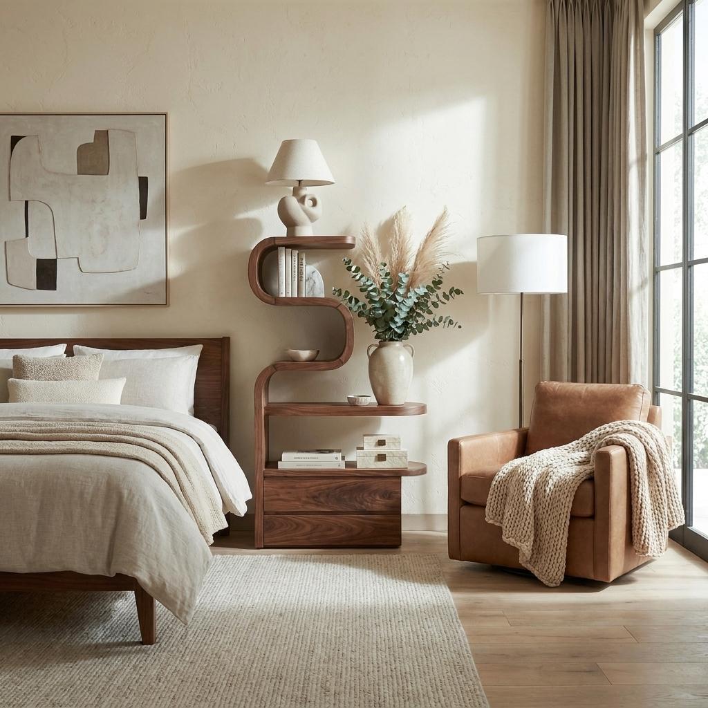 Sculpted Solid Wood Nightstand, Modern Bedside Table with Storage Shelves & Drawers for Bedroom
