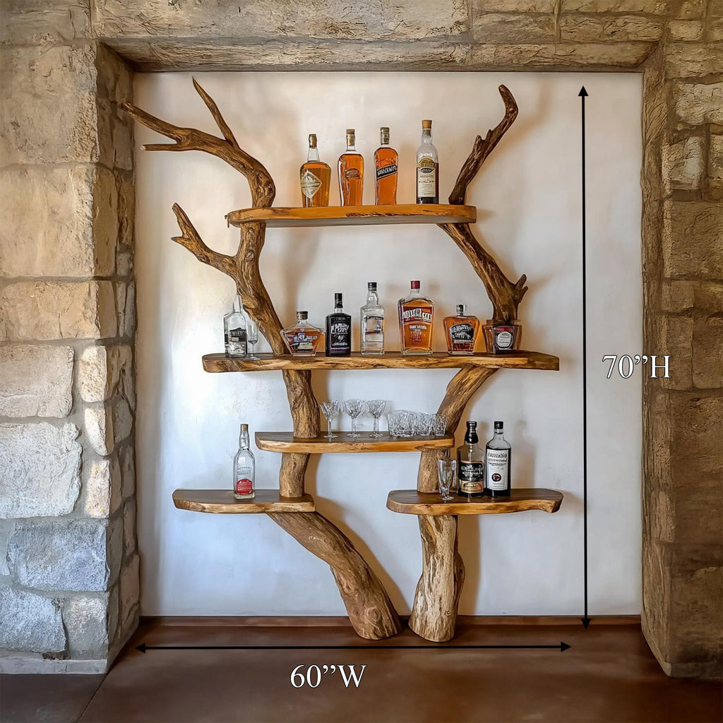 Rustic Bar Tree Wood Shelf, Handcrafted Wall Mounted Liquor & Wine Glass Rack for Home Bar
