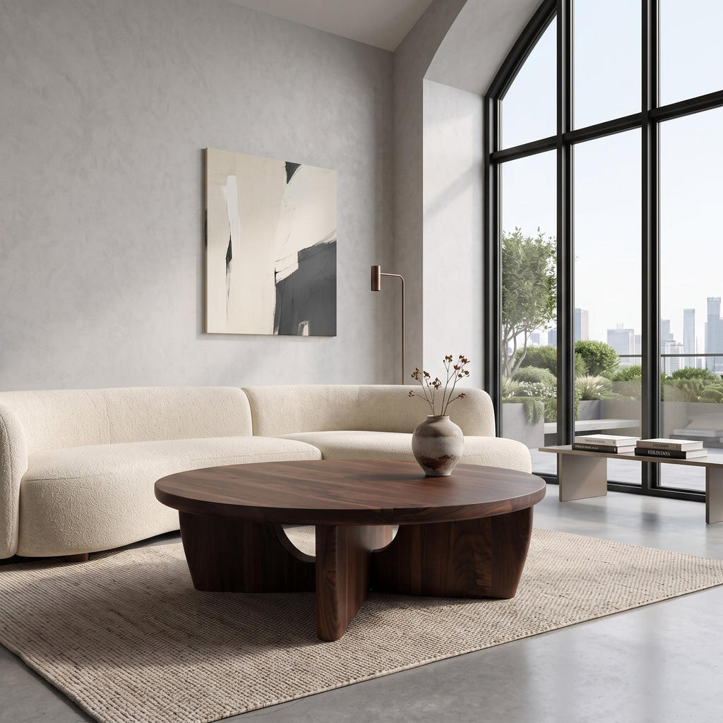 Round Wooden Coffee Table with Unique Pedestal Base, Modern Solid Wood Center Table for Living Room, Model