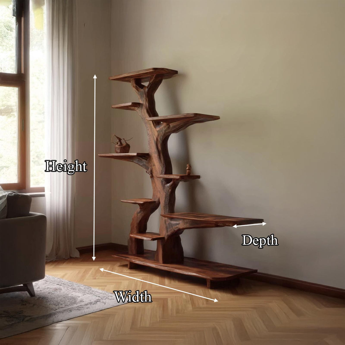 Rustic Free Standing Tree Bookshelf, Handcrafted Solid Wood Bookcase & Organizer for Living Room and Dining Room Storage