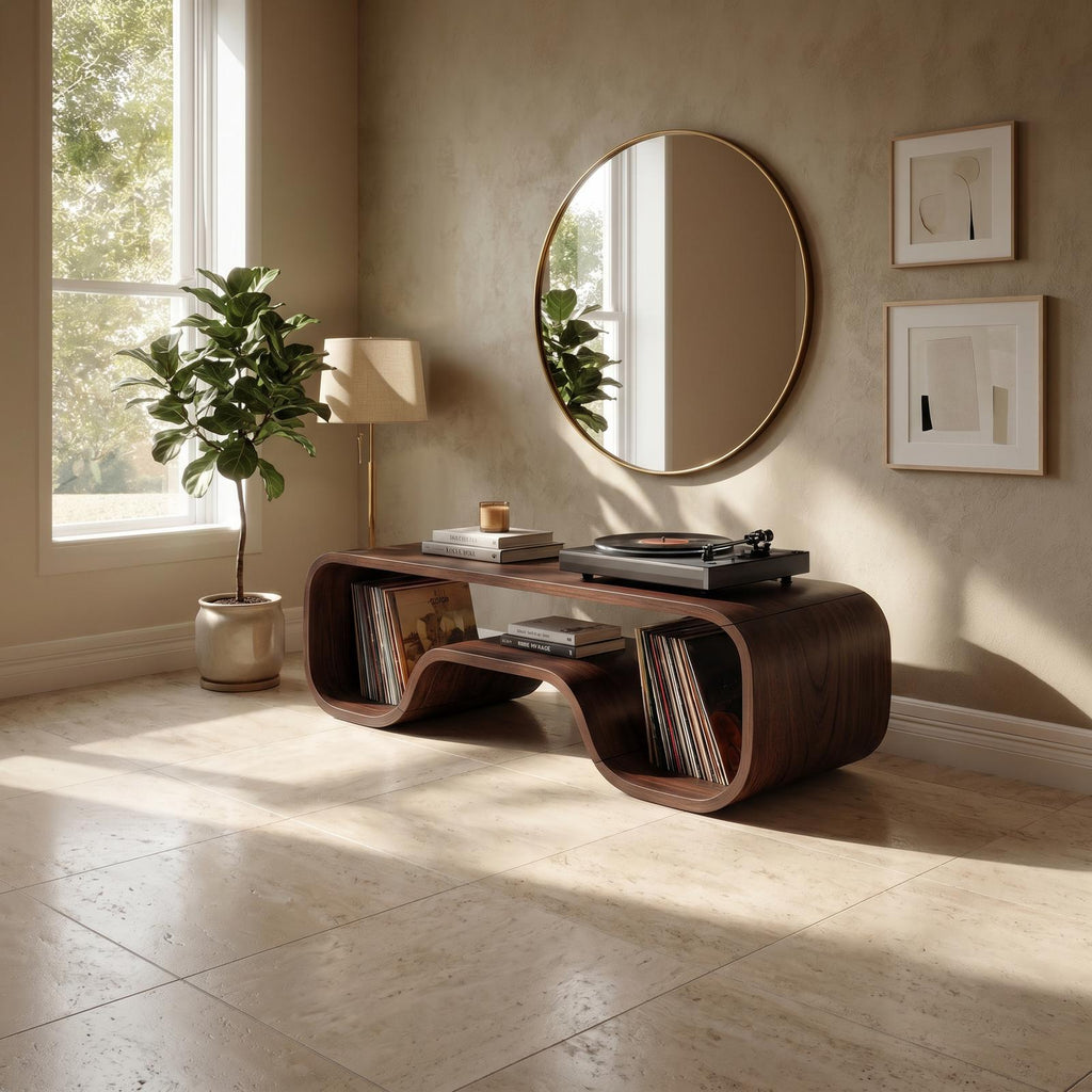 Japandi Curved Wood Record Player Stand, Handcrafted Minimalist Vinyl storage Turntable Console Cabinet, Model