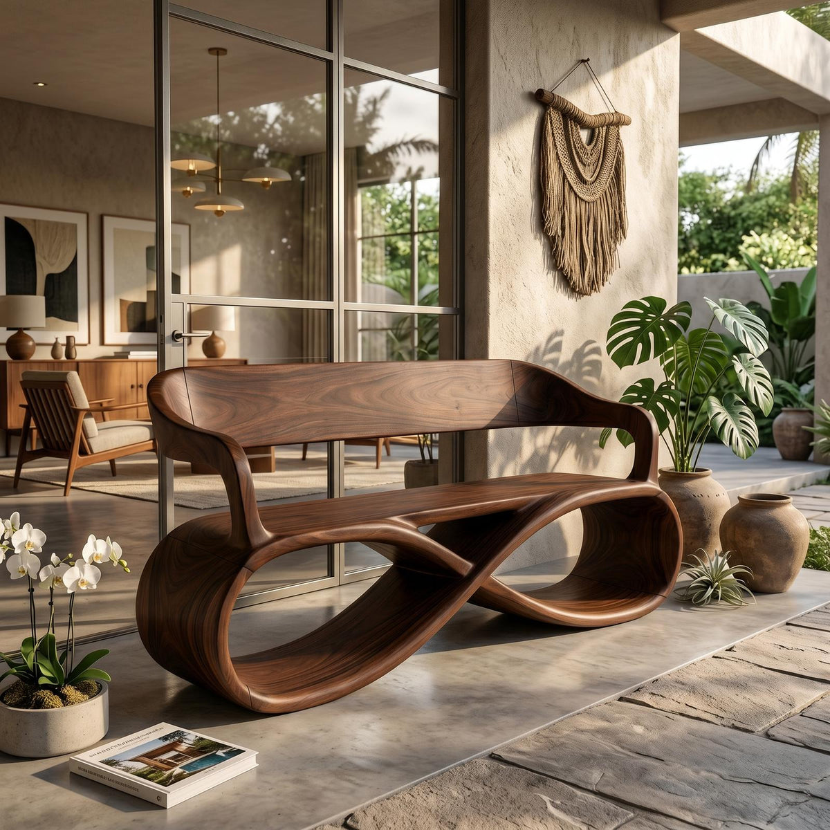 Sculptural Wooden Bench Modern Living Room