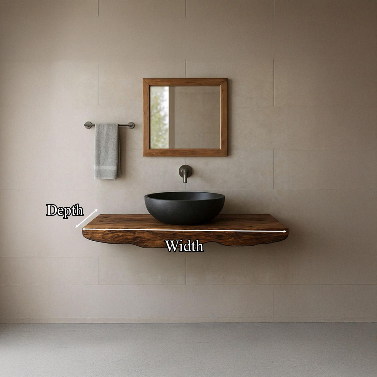 Mid-Century Floating Shelf Washstand, Solid Wood Bathroom Vanity, Single Sink Washroom Countertop Support Shelf