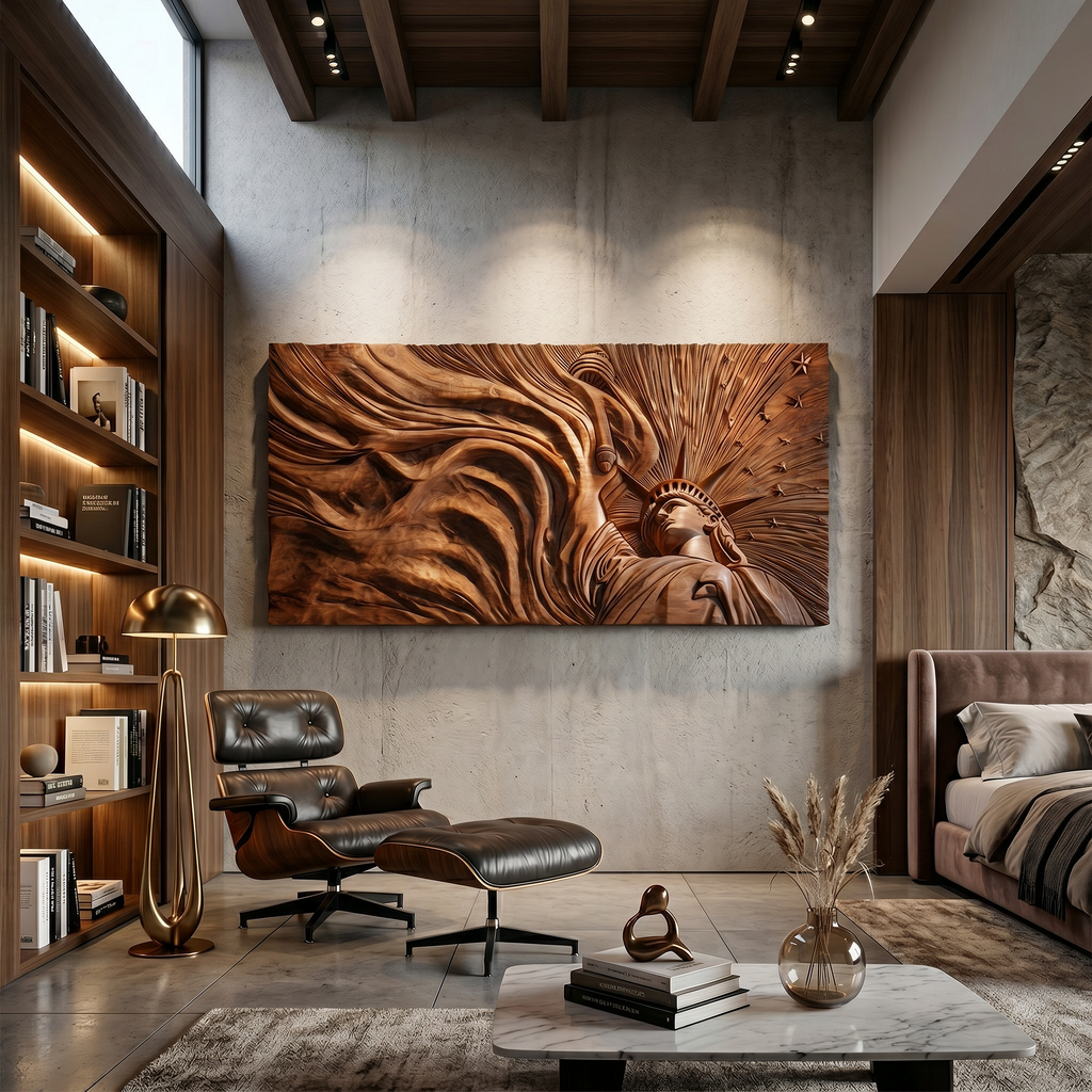 Panoramic Liberty Wood Wall Art, Large Horizontal Abstract Geometric Carved Wooden Relief for Living Room