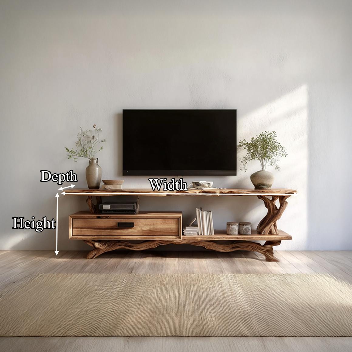 Rustic Live Edge Wood TV Cabinet, Natural Solid Slab Media Console, Low Profile Television Credenza for Living Room