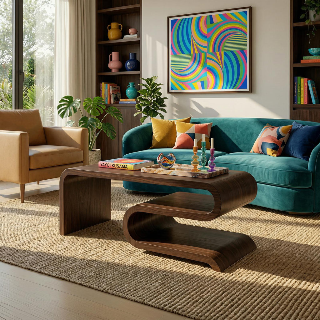Modern Curved Solid Wood Coffee Table, Minimalist Sculptural Center Table for Living Room Lounge, Contemporary