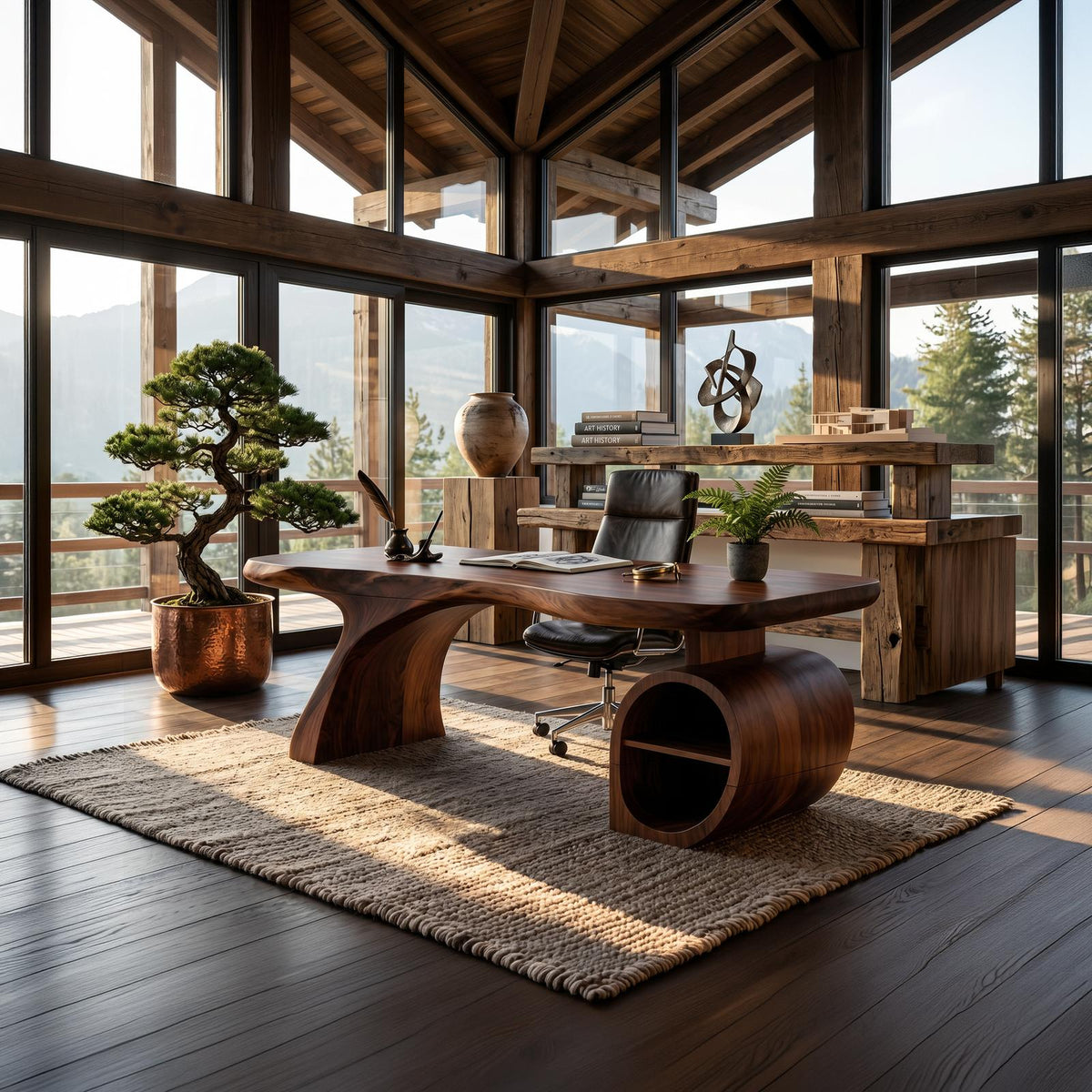 Modern Sculpted Wood Office Desk with Open Shelving Storage, Handcrafted Solid Wood Computer Desk, Writing Table
