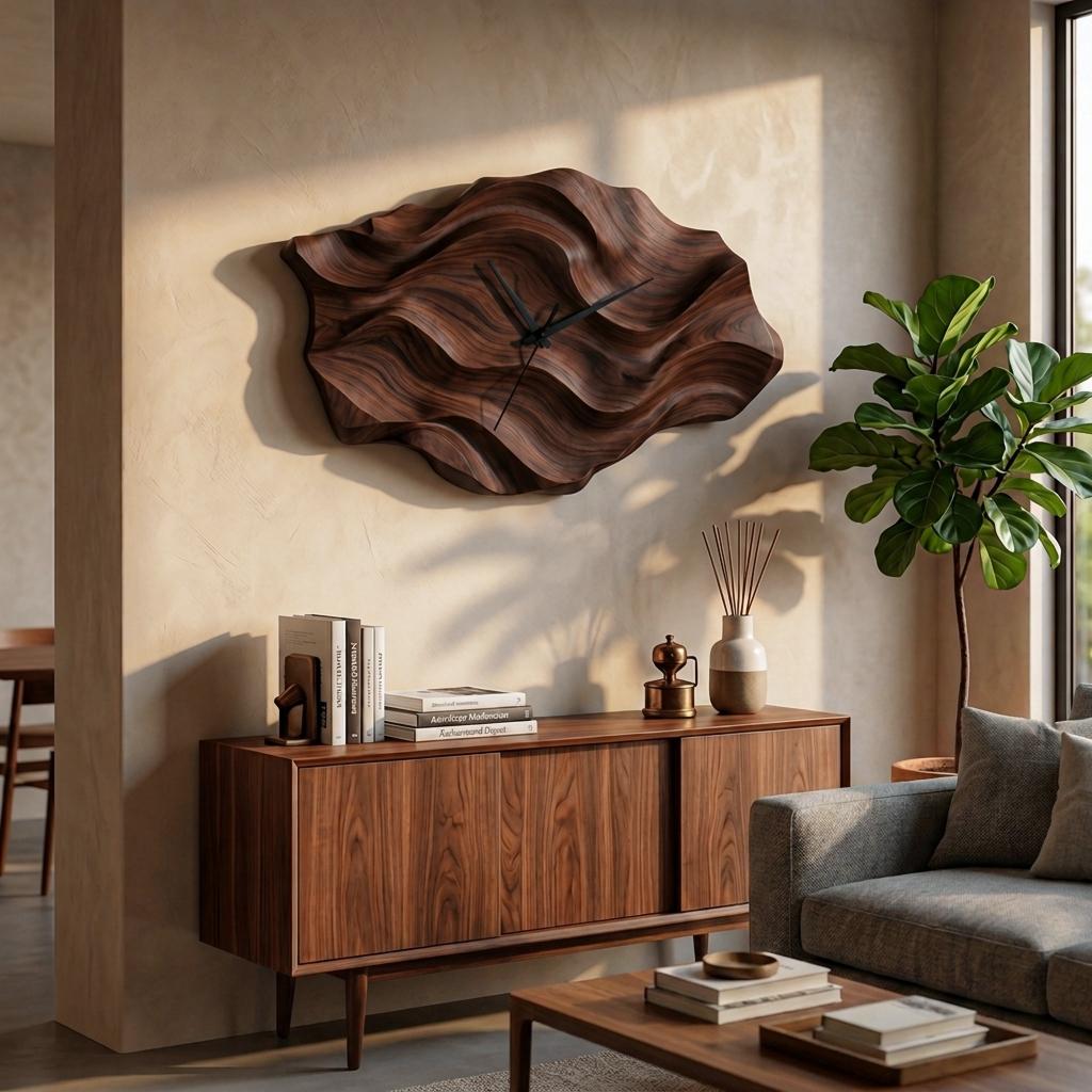 Artistic Wooden Wall Clock, Wavy Design Modern Abstract Wood Clock for Living Room & Luxury Home Decor