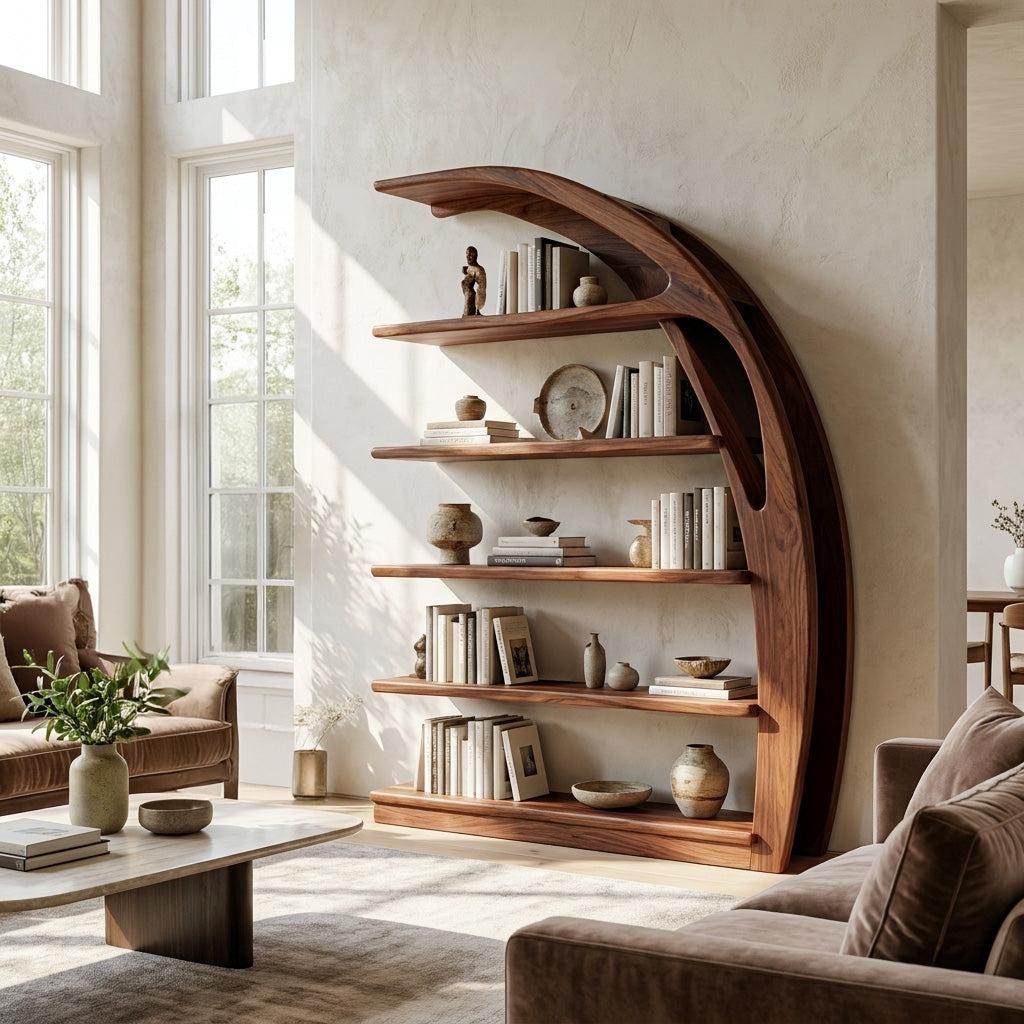Minimal Curved Wooden Bookshelf, Handcrafted Solid Wood Bookcase for Modern Living Room Display & Office