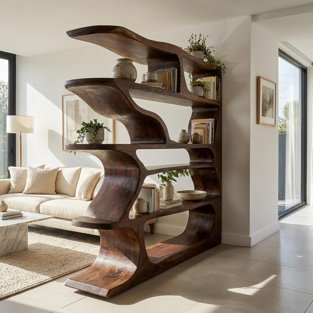 Contemporary Artistic Wooden Bookshelf, Handcrafted Solid Wood Bookcase with Open Shelves for Living Room Storage