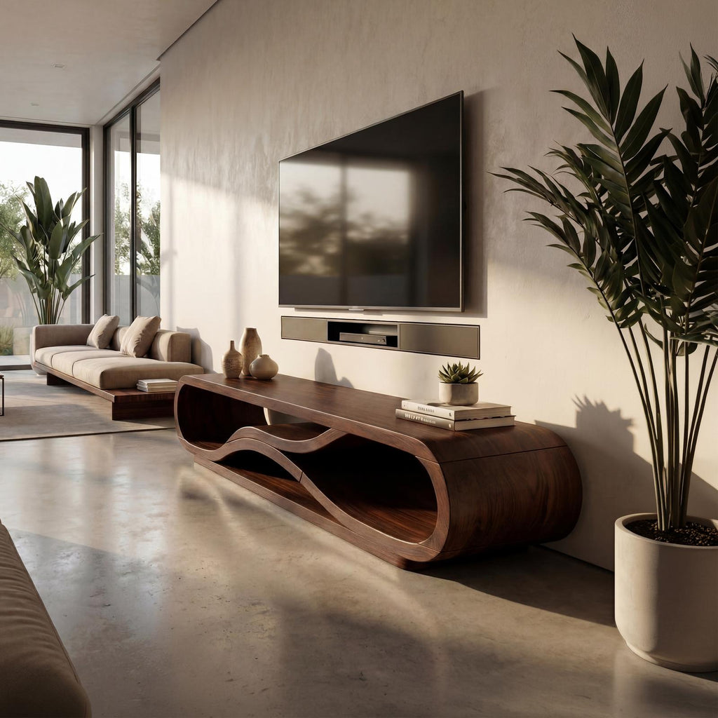 Modern Curved Wood TV Cabinet, Stylish Media Console Shelf & Entertainment Center for Living Room