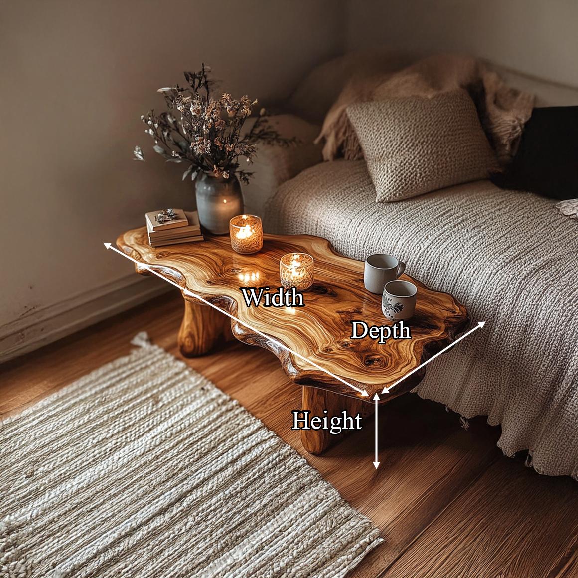 Rustic Handcrafted Wood Coffee Table, Artisanal Live Edge Centerpiece Slab Table for Living Room, Lounge, Cozy Cabin