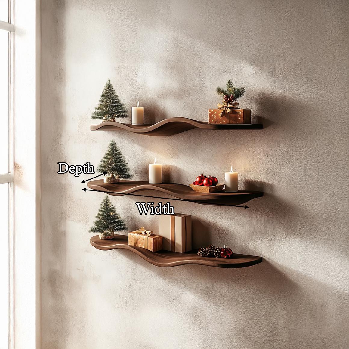 Mid Century Modern Wavy Floating Shelf, Solid Wood Curved Wall Display for Entryway & Living Room Decor