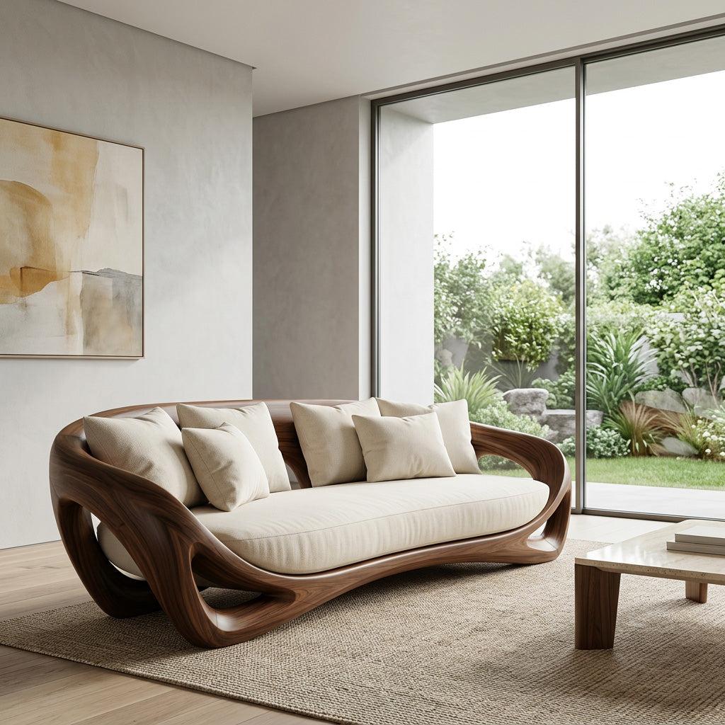 Contemporary Organic Wood Sofa, Modern Designer Couch Loveseat Settee, Timber Lounge Seating for Living Room