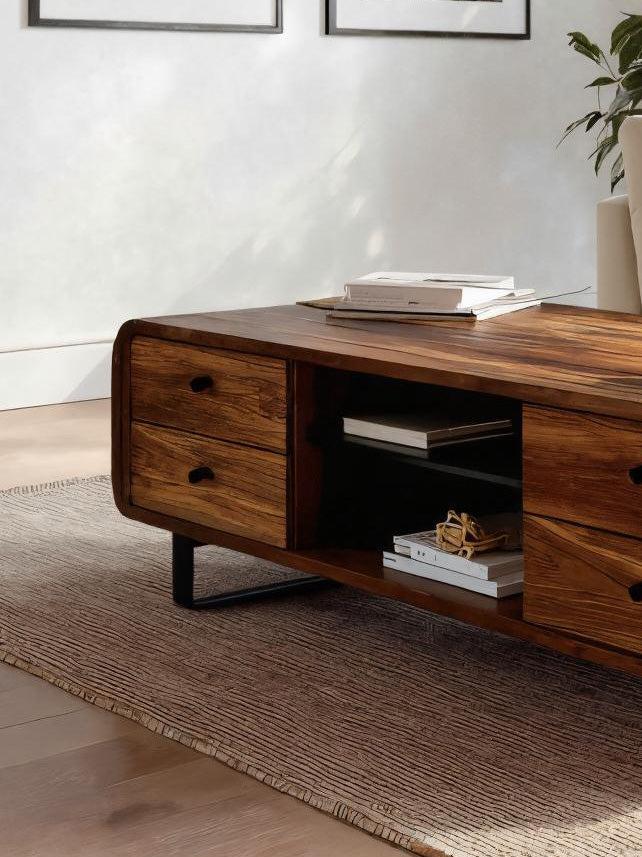 Contemporary Wooden Coffee Table with Drawer & Open Shelf, Handcrafted Living Room Storage Center Table, Model