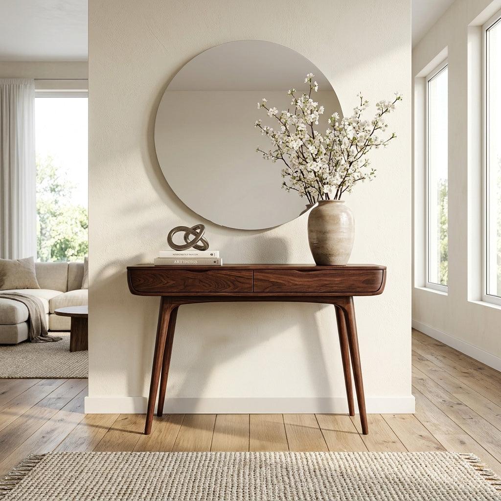 Mid-Century Natural Wood Console Table, Handcrafted Entryway Sofa Table for Hallway & Living Room Decor, Model
