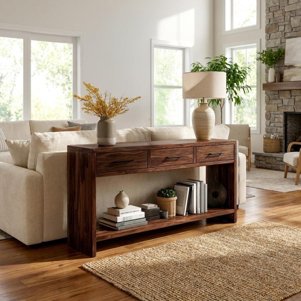 Handcrafted Wooden Console Table with Drawers, Solid Wood Entryway Table for Living Room & Hallway, Model