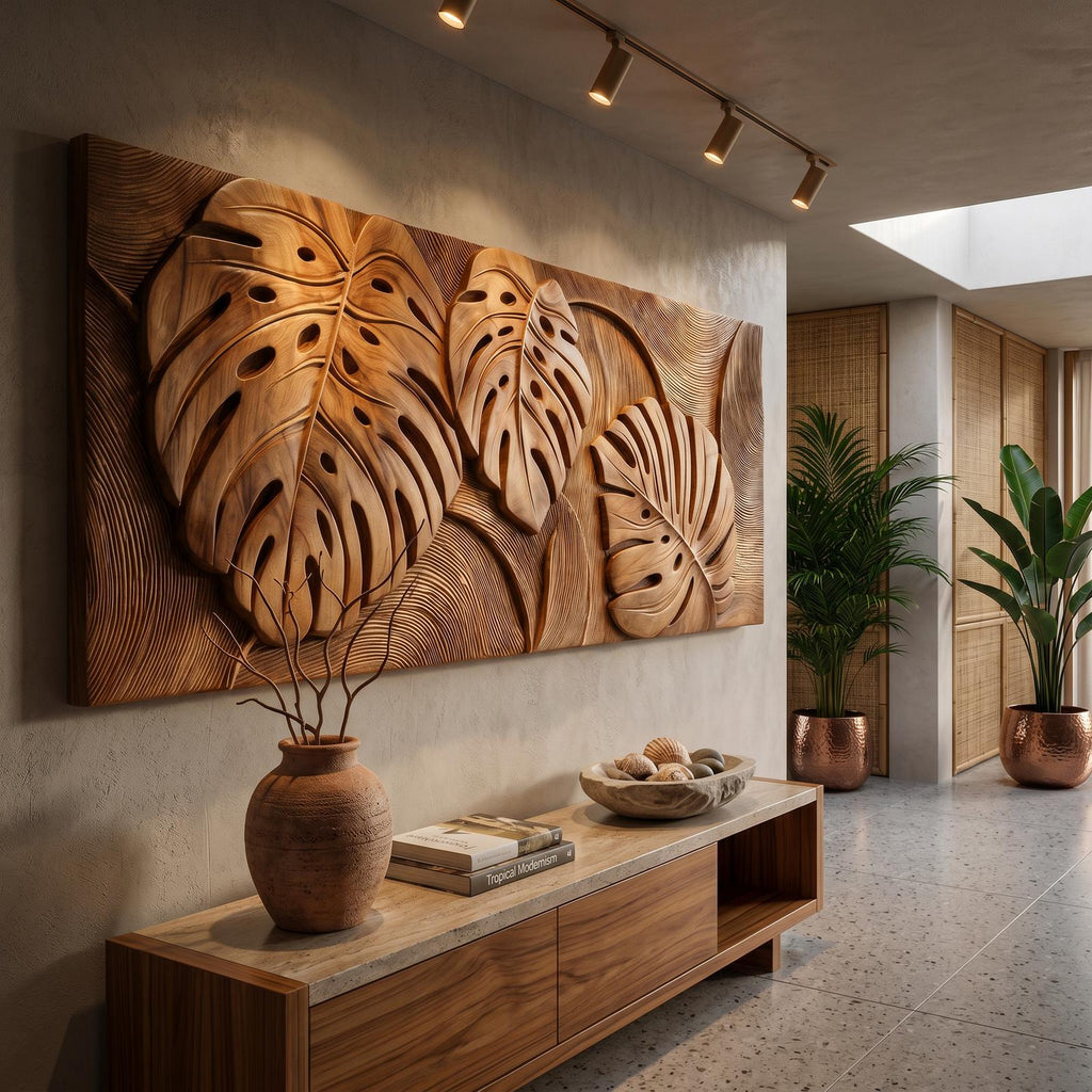 Tropical Wall Art with Leaf Texture, Carved Wood Monstera Palm Leaf Art Panel for Bathroom