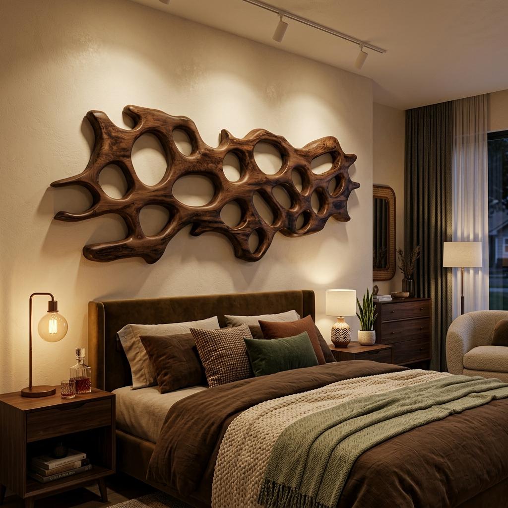 Organic Wooden Wall Art Sculpture, Handcrafted Abstract Carving 3D Hanging Wood Panel Panel for Living Room Lounge