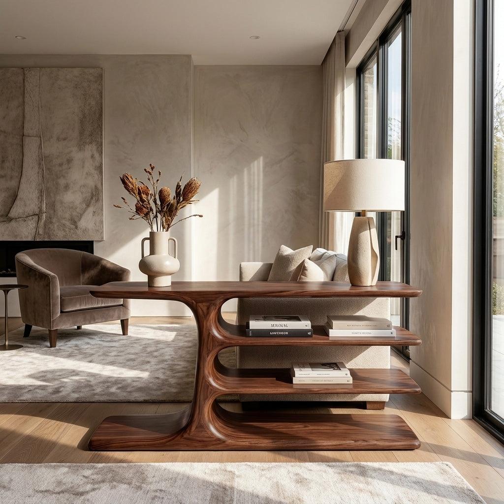 Organic Wooden Console Table with Layered Shelving, Handcrafted Entryway Table for Hallway & Living Room, Model