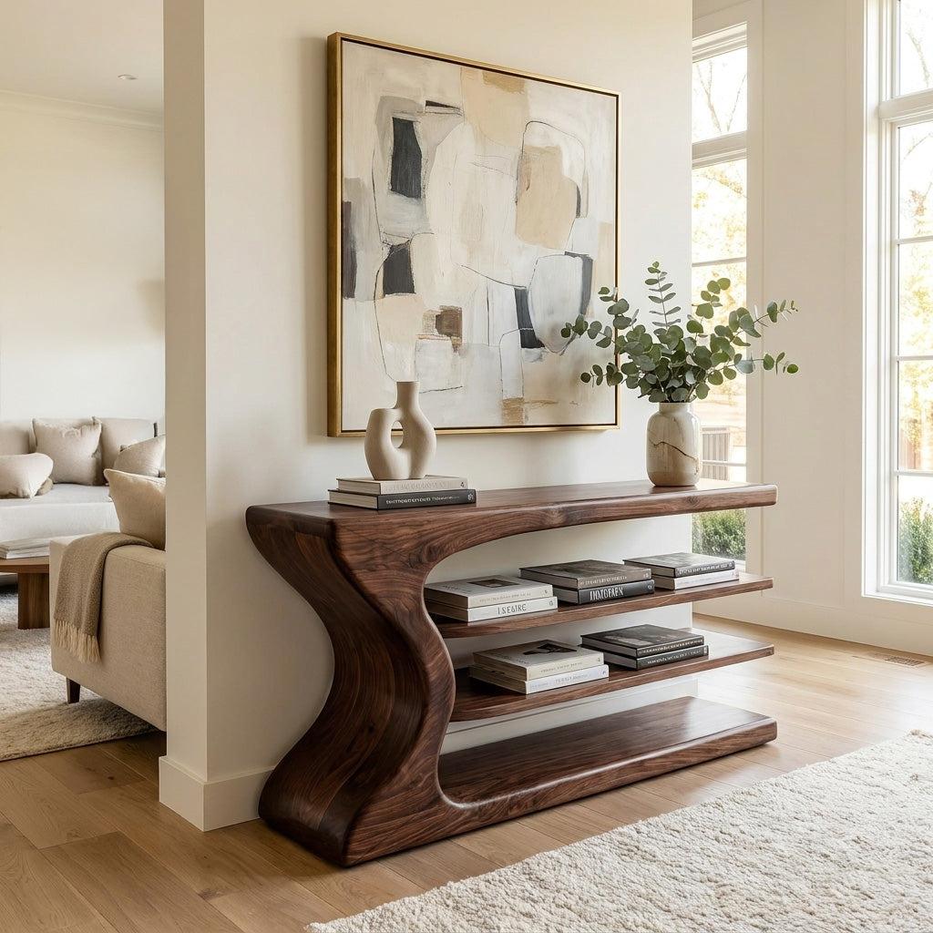 Artistic Natural Wood Console Table, Handcrafted Entryway Table for Minimalist Foyer & Living Room Interior, Model
