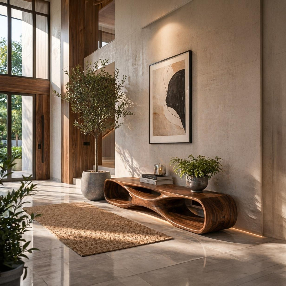 Artistic Wooden Bench, Organic Curved Shape Solid Wood Entryway Bench Seat Accent Furniture for Living Room