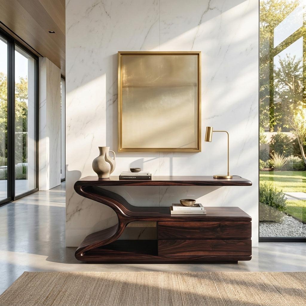 Modern Wooden Console Table with Storage, Handcrafted Statement Entryway Table for Living Room & Hallway, Model