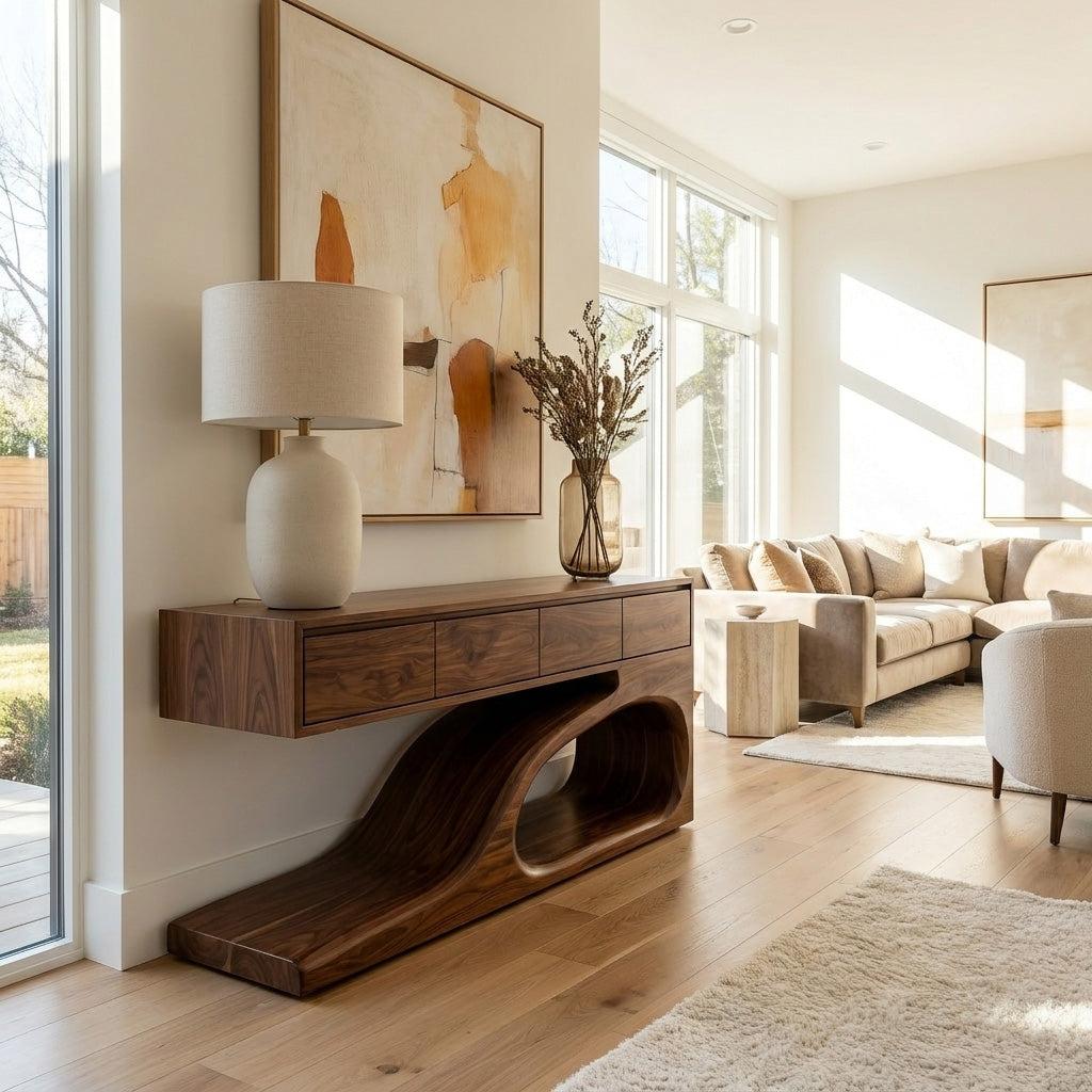 Contemporary Wooden Console Table with Unique Base, Handcrafted Entryway Table for Living Room & Hallway, Model