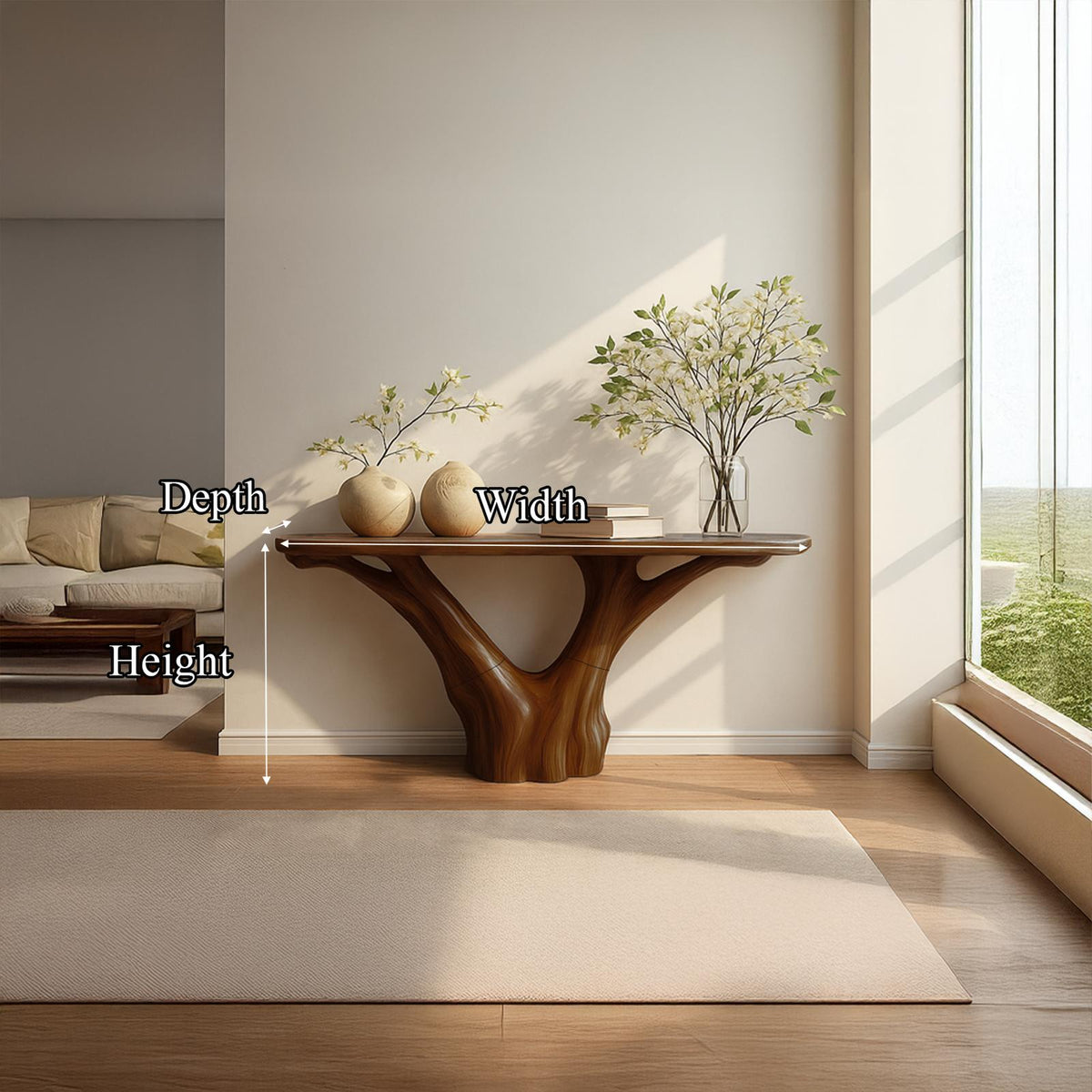 Mid Century Organic Wood Console Table, Entryway Accent Sofa Table, Solid Wood Furniture, Model
