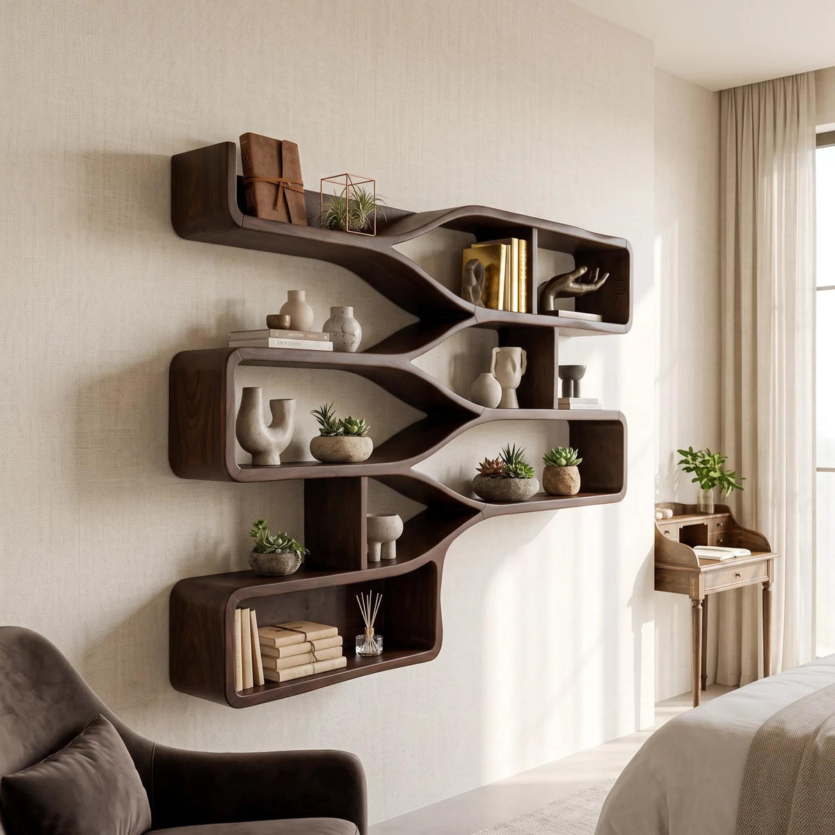 Mid Century Floating Wood Shelves for Bedroom