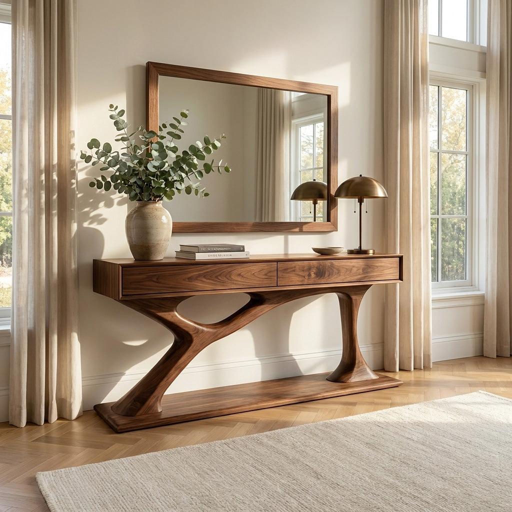 Contemporary Wooden Console Table with Sculptural Base, Handcrafted Entryway Foyer Table for Living Room, Model