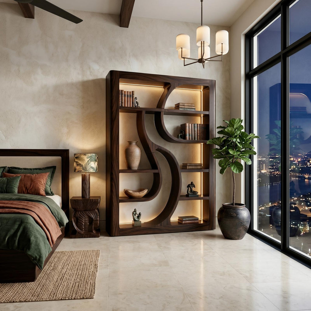 Luxury Wooden Bookshelf Featuring Ambient LED Shelving