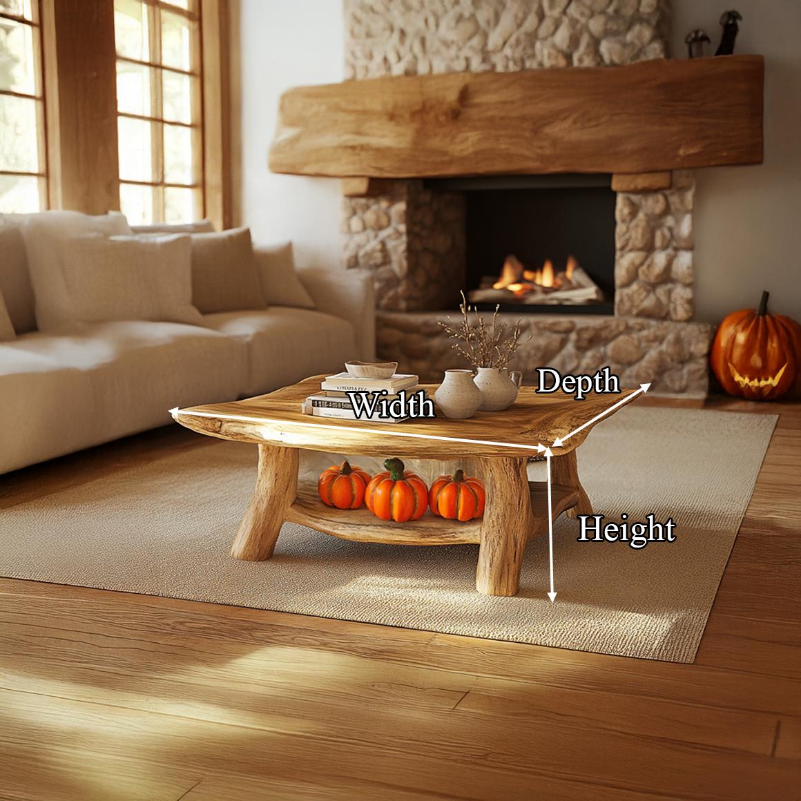 Rustic Natural Wood Coffee Table, Handcrafted Live Edge Tree Slab Centerpiece Table for Cozy Cabin Room, Living Room