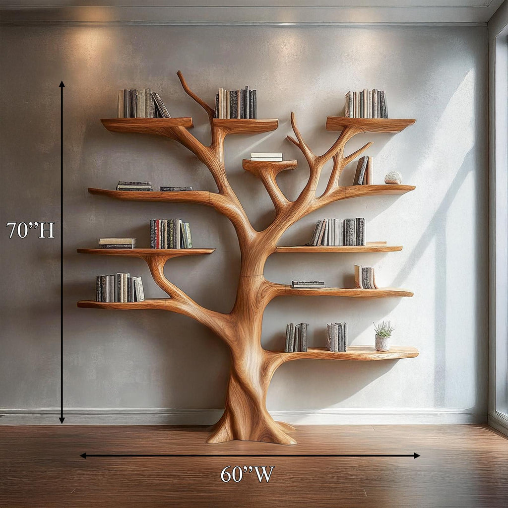 Organic Modern Artistic Wood Bookshelf, Handcrafted Floating Branch Wall Mounted Bookcase for Living Room Decor