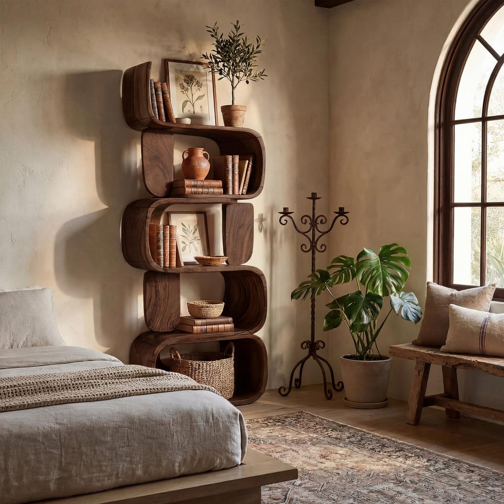 Contemporary Modern Unique Bookshelf, Abstract Wood Bookcase Display Shelves for Living Room