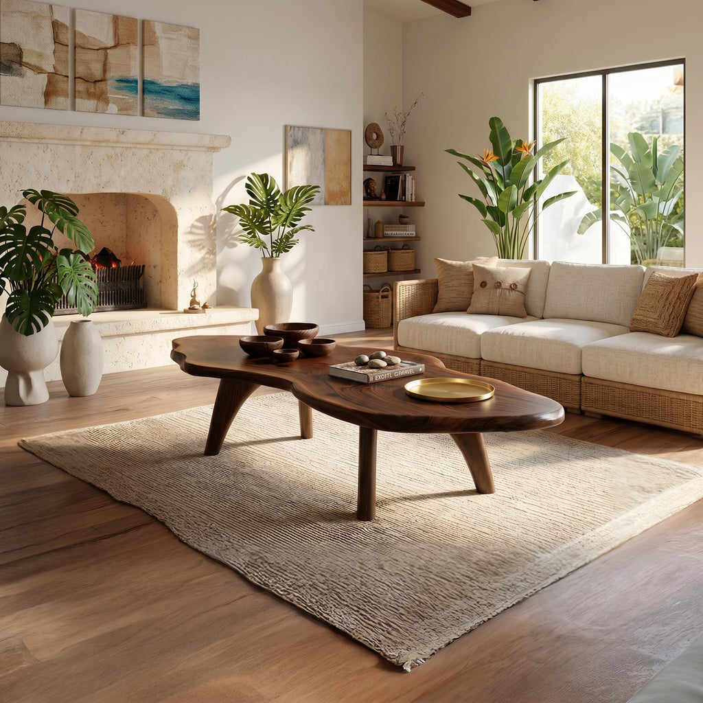 Mid Century Modern Live Edge Coffee Table, Handcrafted Natural Wood Slab Center Table with Metal Legs